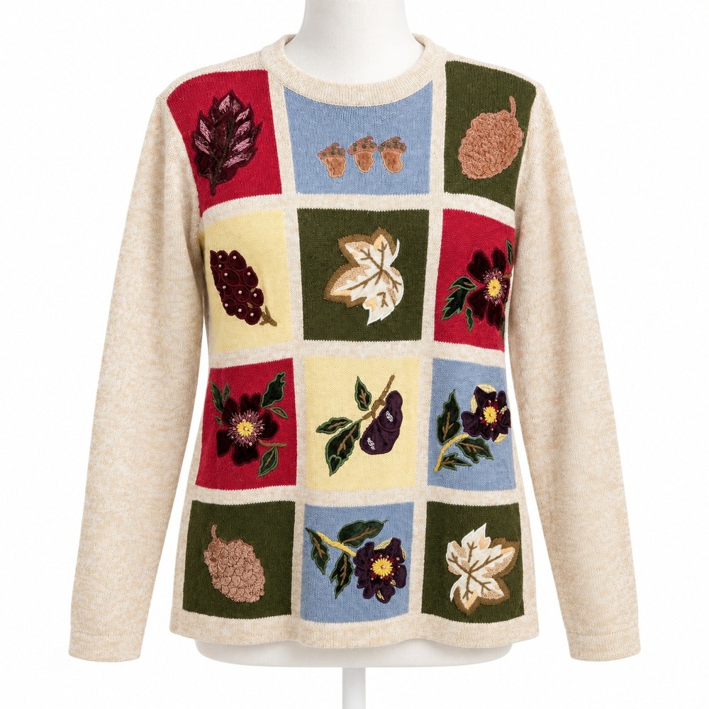 Vintage 90s Patchwork Embroidered Fall Leaf Sweater Size M Cottagecore Granny